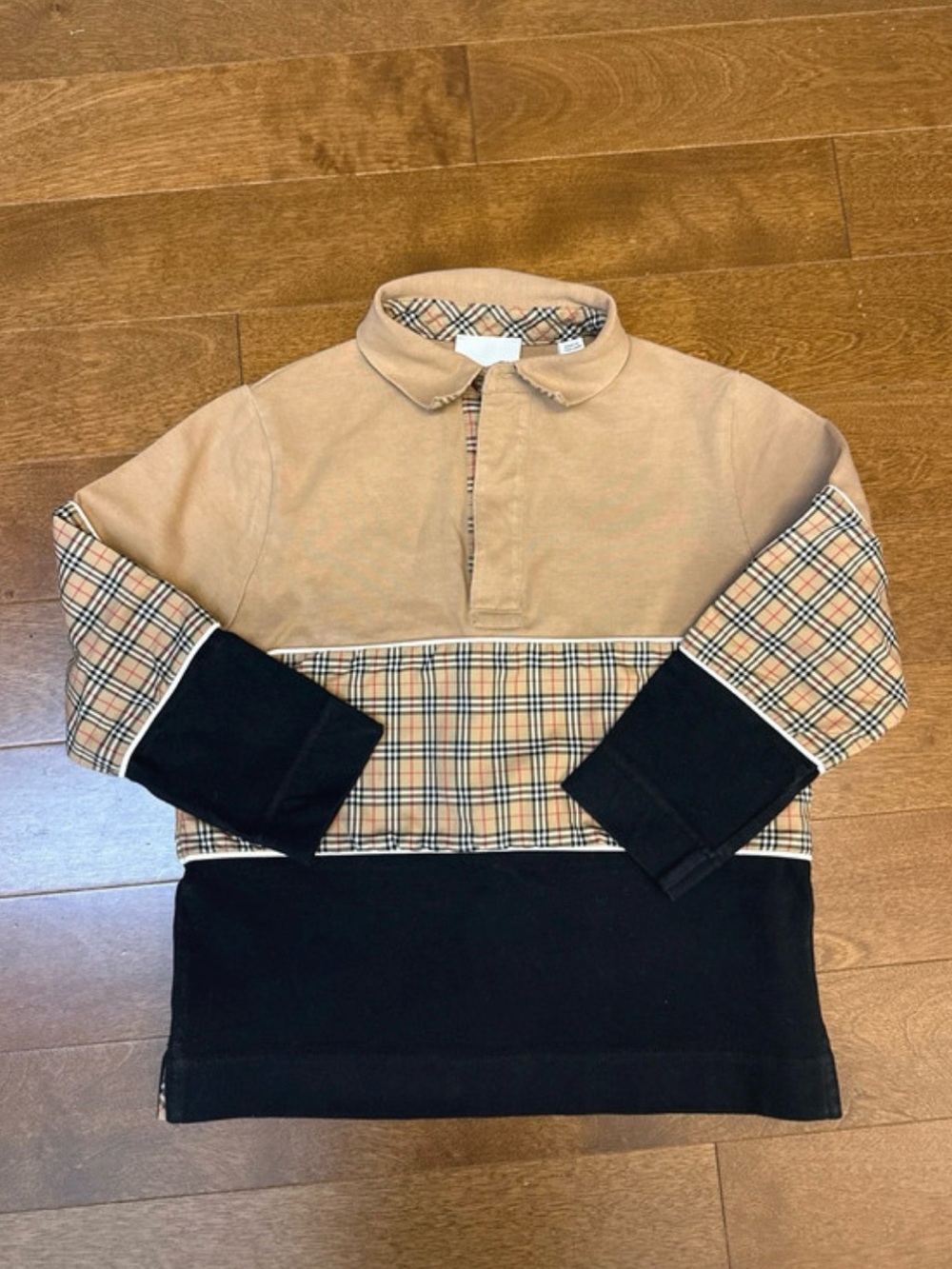 Burberry Tan, Black & Plaid Panel long-sleeve polo